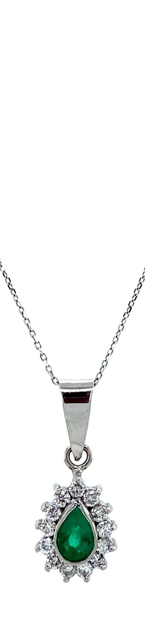 Vintage 18K White Gold Necklace with Emerald and Diamond Pendant